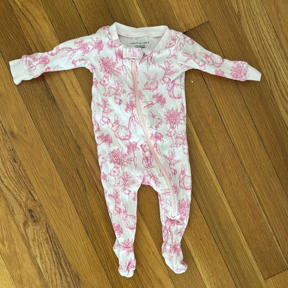 Janie and Jack Pink and White Floral Footie One Piece with Bunnies